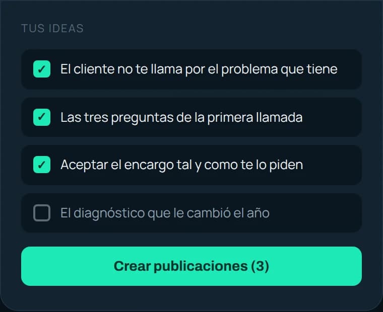 Pantalla del móvil con la lista de ideas surgidas de la entrevista, tres marcadas con casilla verde y el botón «Crear publicaciones (3)» abajo.