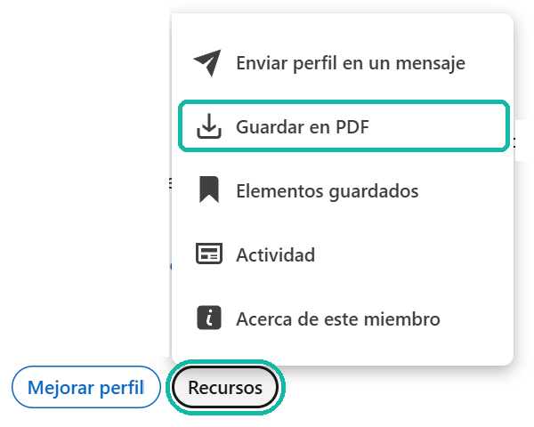 Menú "Recursos" de LinkedIn con la opción "Guardar en PDF" marcada